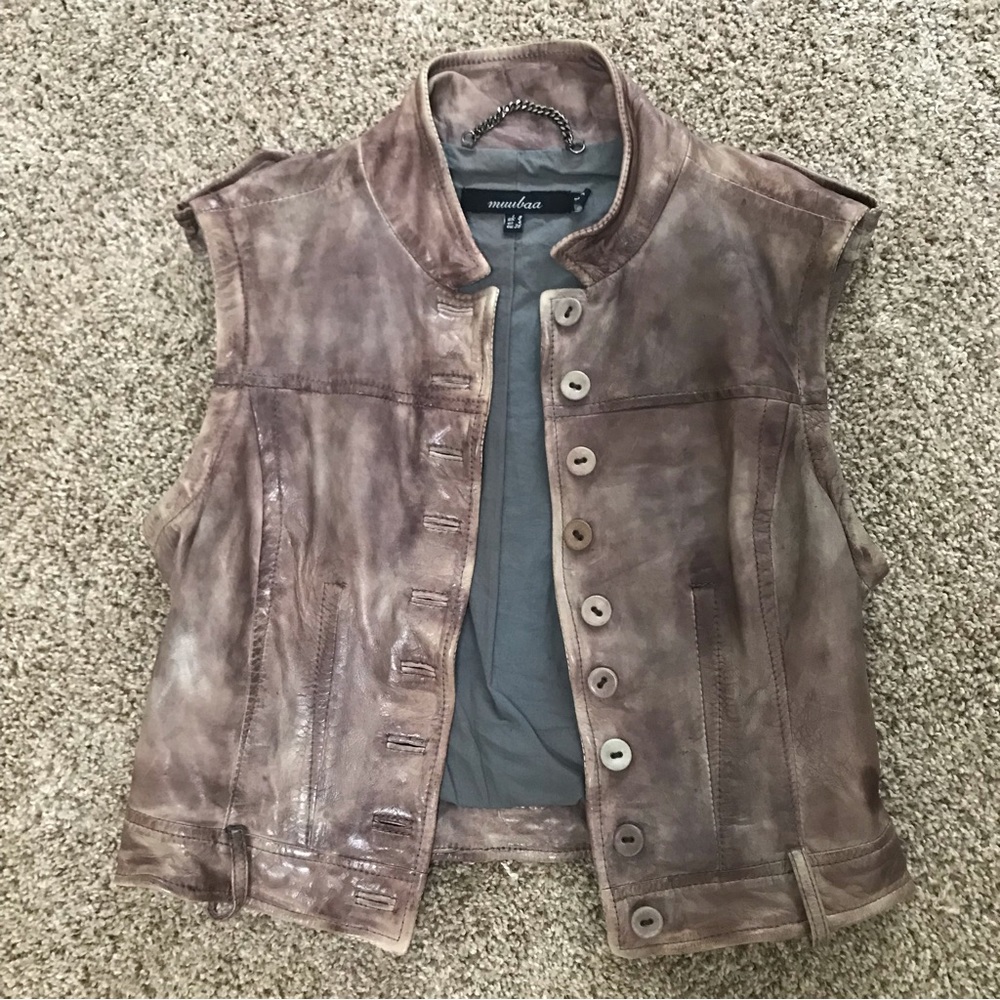 Muubaa Distressed Cropped Leather Jacket with Removable Sleeves - Picture 3 of 8